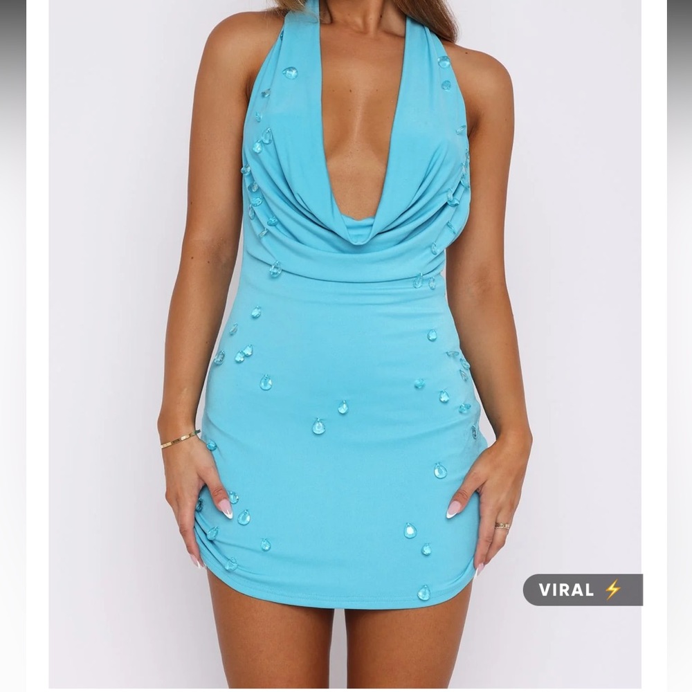 EUC White Fox Boutique She's Shining Embellished Mini Dress Blue